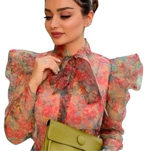 Zara Pink Floral Puff Sleeve Organza Tie Neck Long